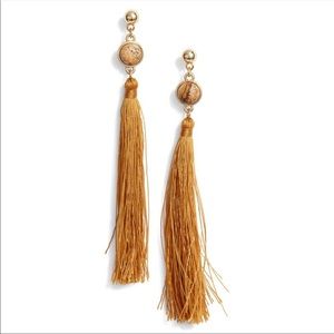 Uncommon James "Strawberry fields" tassel earrings in mustard yellow